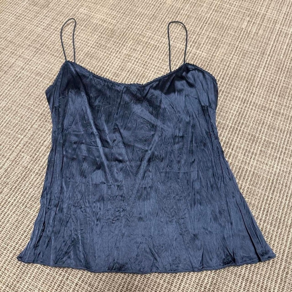 Eli Tahari navy blue satin silk cami top with spaghetti straps